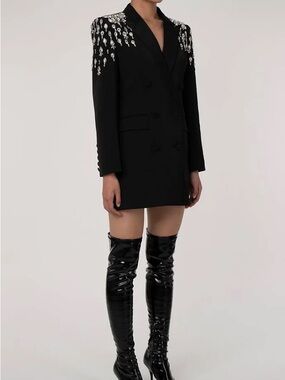 Rosedress Lapel Long Sleeve Double Breasted Crystal Embellished Blazer Dress